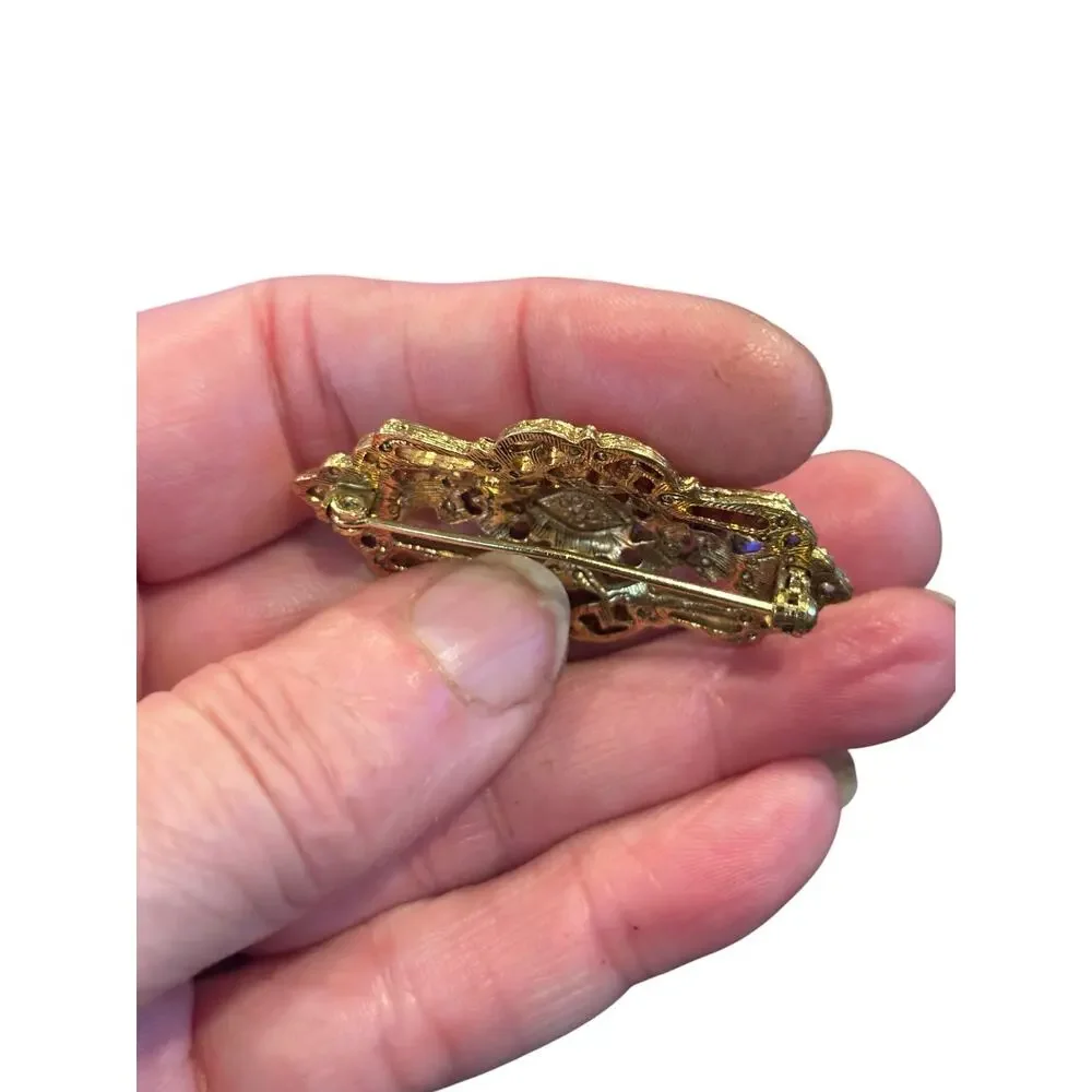 Vintage Pearl Rhinestone Filigree Brooch Gilded Romantic Edwardian Revival